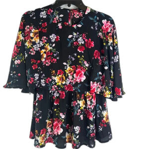 Express‎ Black Floral Flutter Sleeve Peplum Cottage Core Blouse Women's Size XS